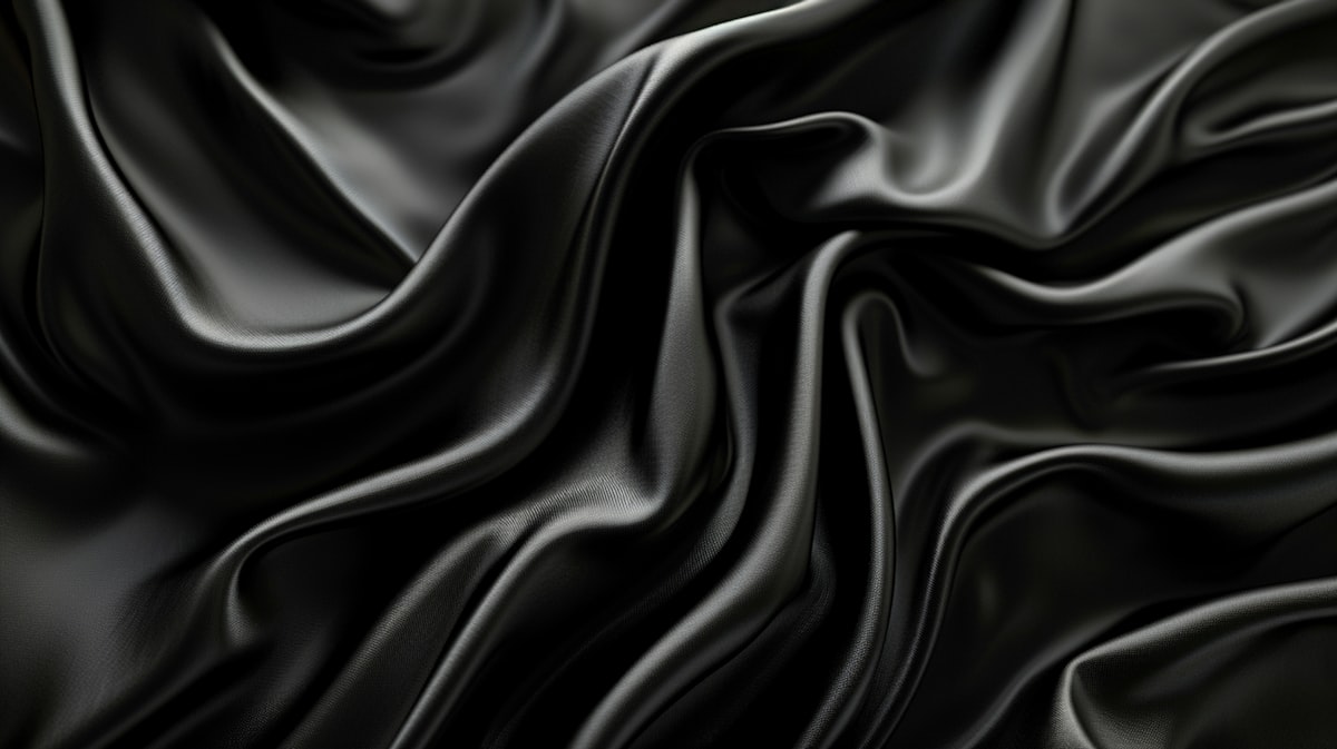 Folds of glossy black charmeuse silk catching low light